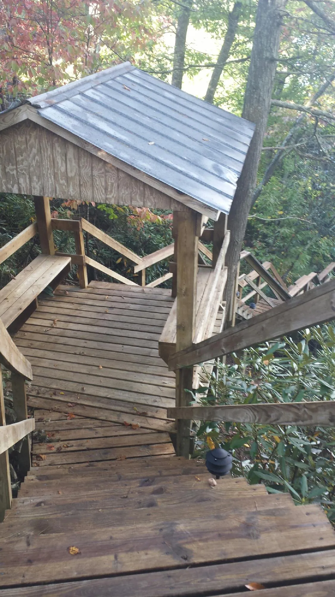 Metal roofed shelter over wooden steps on a wooded walkway — Skylight Repair & Installation work by our crew in Bolinas